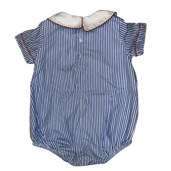 EUC The Proper Peony blue stripe school theme bubble romper 18mo - Picture 2 of 4